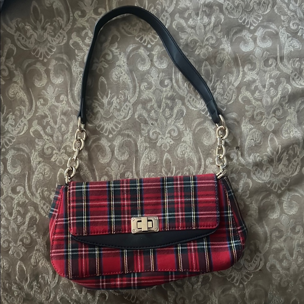 SHEIN Red Plaid Shoulder Bag with Black Strap